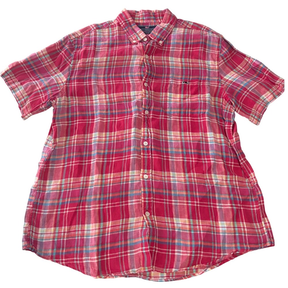 Vineyard Vines Tucker Shirt Men L Slim Fit 100% Linen Plaid Short Sleeve Pink